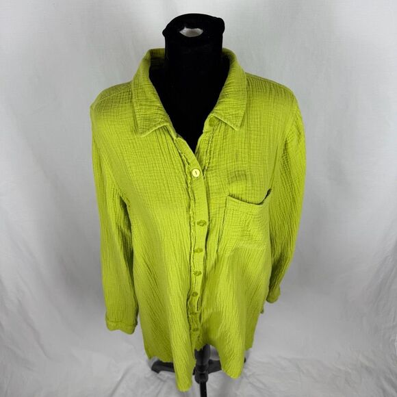 Belle Kim Gravel Lime Green 100% Cotton Gauze Button Down - Women’s S - Picture 2 of 8